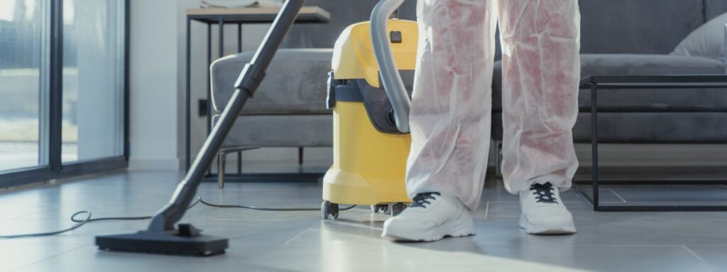 pexels photo 6195951 6195951 A cleaner in protective coveralls and gloves vacuuming a modern living room.